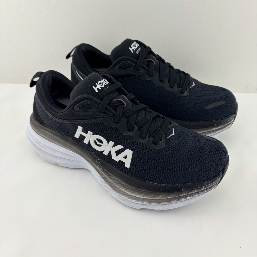 HOKA Bondi 8 Womens 7 B Black White Running Walking Shoes 1127952-BWHT